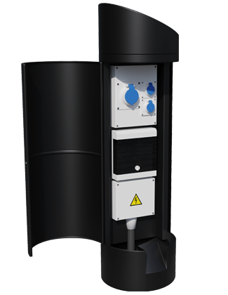 The sloped top power bollard from Pop Up Power Supplies, offering a contemporary look for street furniture whilst enabling access to power on-demand for events.